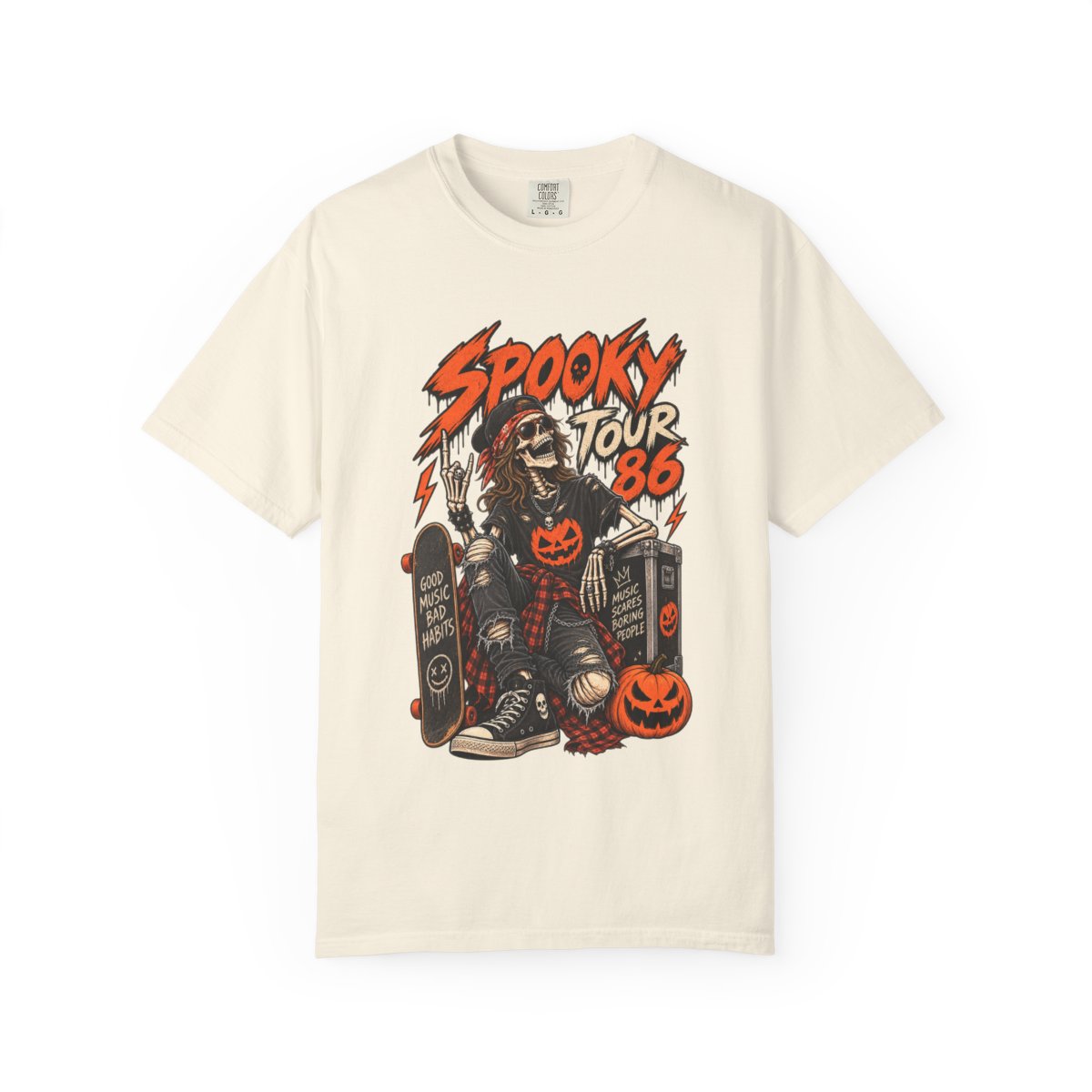 Spooky Tour '86 Skeleton Skateboard T-shirt | Halloween Pumpkin Graphic