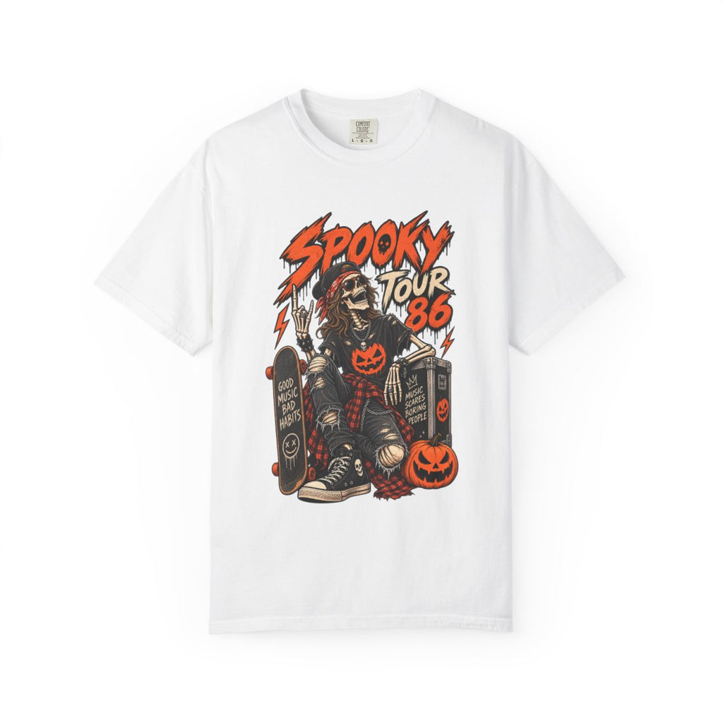 Spooky Tour '86 Skeleton Skateboard T-shirt | Halloween Pumpkin Graphic