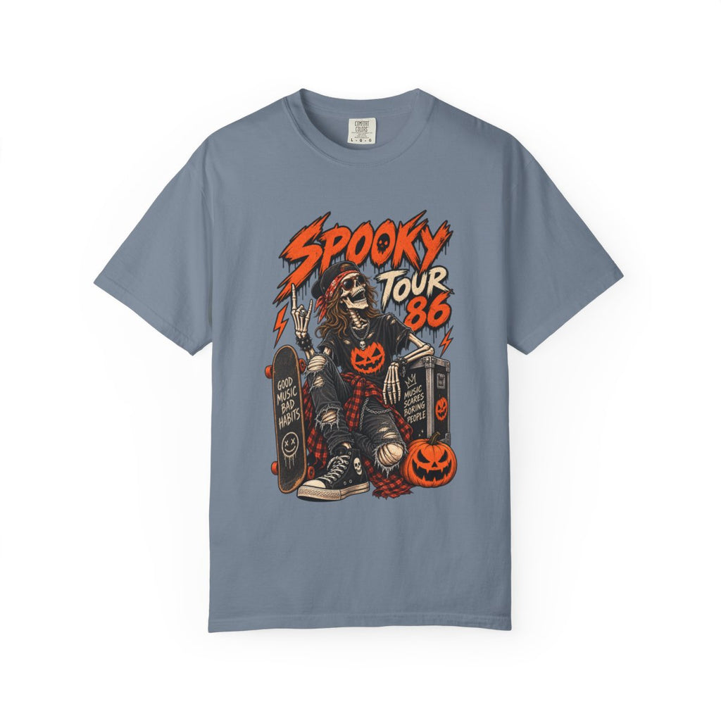 Spooky Tour '86 Skeleton Skateboard T-shirt | Halloween Pumpkin Graphic