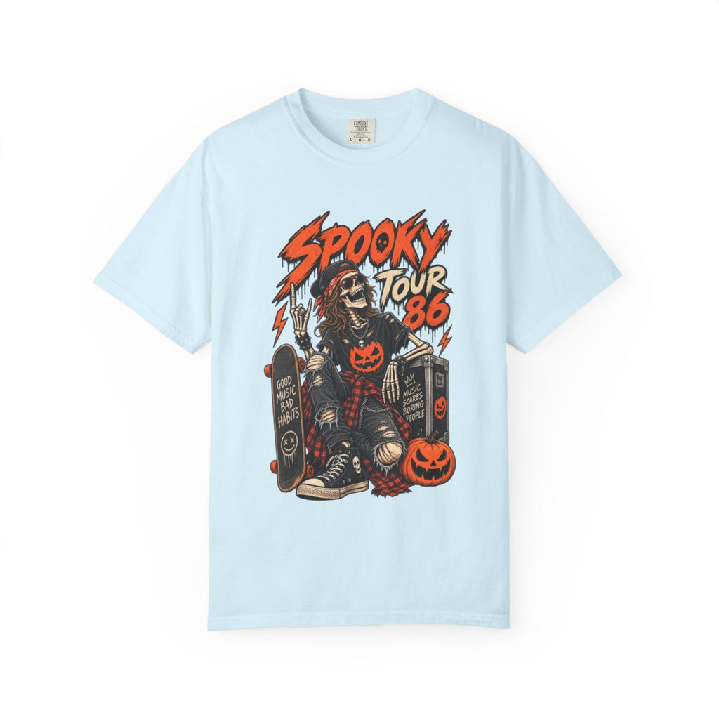 Spooky Tour '86 Skeleton Skateboard T-shirt | Halloween Pumpkin Graphic