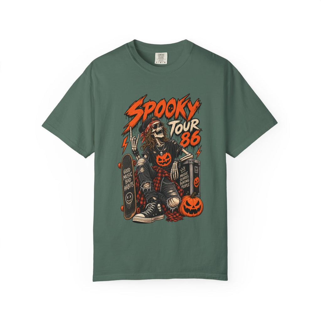 Spooky Tour '86 Skeleton Skateboard T-shirt | Halloween Pumpkin Graphic