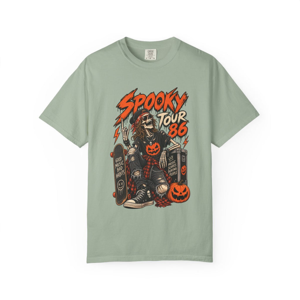 Spooky Tour '86 Skeleton Skateboard T-shirt | Halloween Pumpkin Graphic
