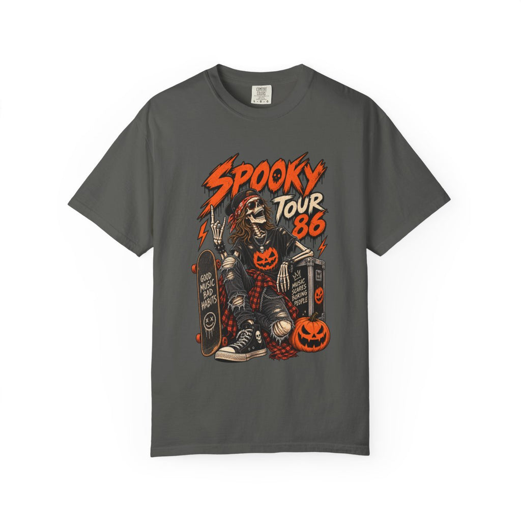 Spooky Tour '86 Skeleton Skateboard T-shirt | Halloween Pumpkin Graphic