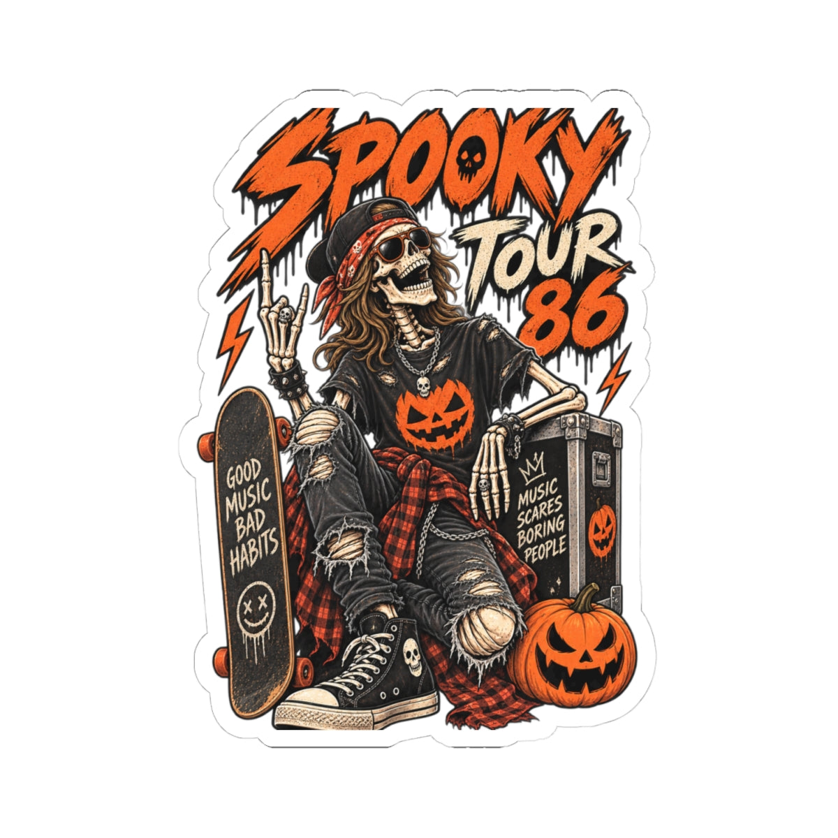 Spooky Tour 86 Sticker | Retro Rocker Skeleton Halloween Kiss-Cut Sticker