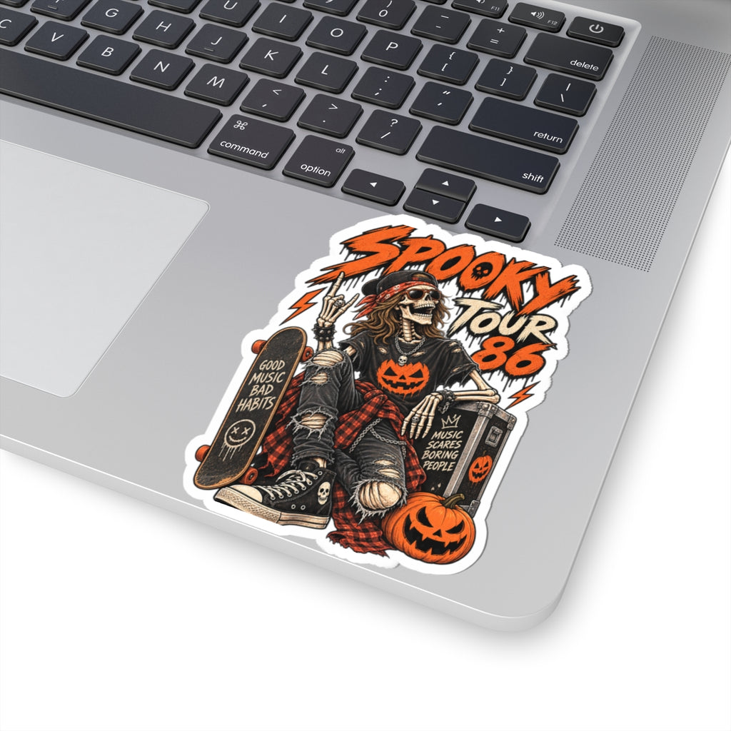 Spooky Tour '86 Sticker, Retro Skeleton Rocker Halloween Decal