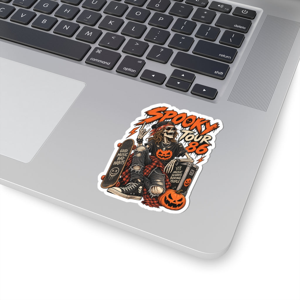 Spooky Tour '86 Sticker, Retro Skeleton Rocker Halloween Decal