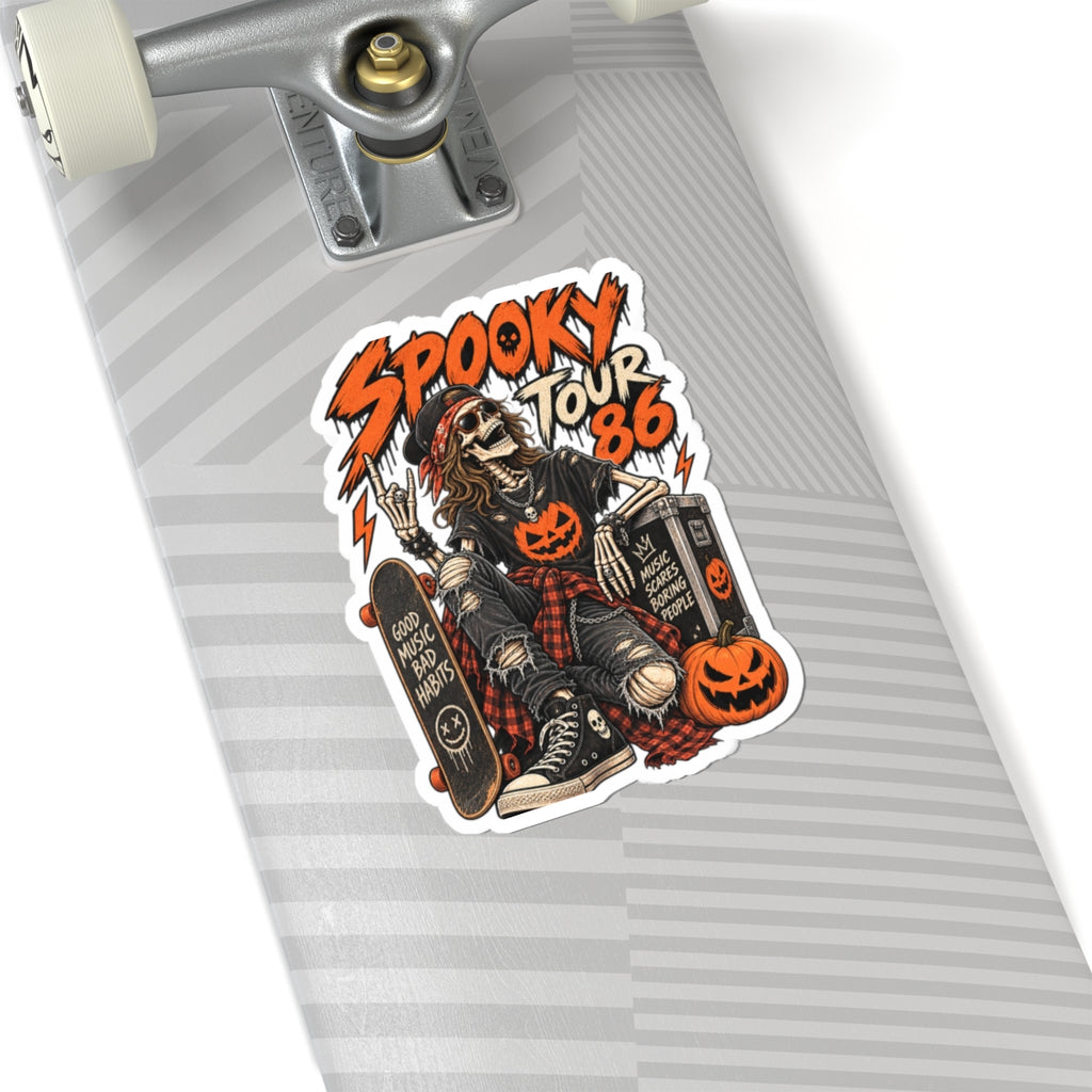 Spooky Tour '86 Sticker, Retro Skeleton Rocker Halloween Decal
