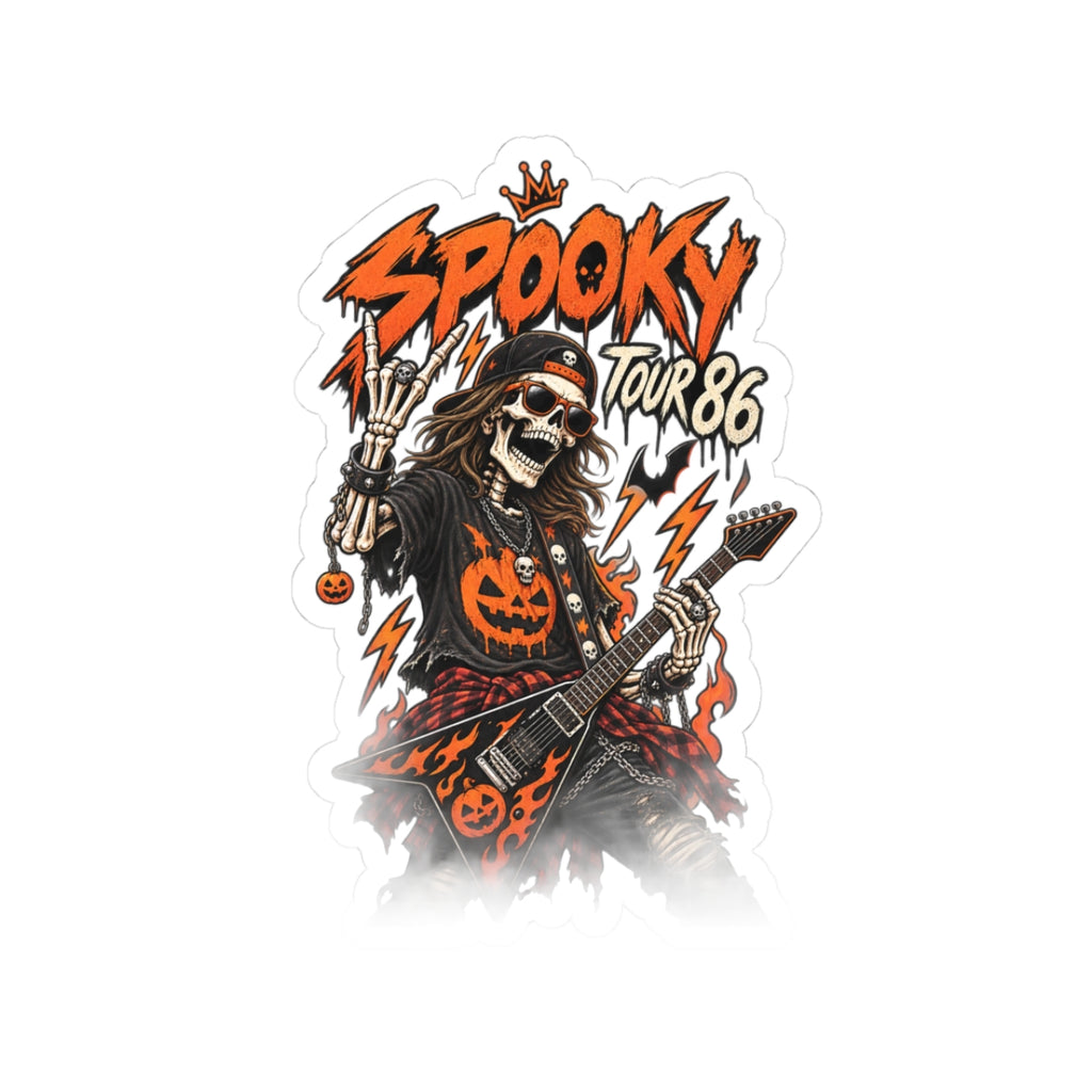 Spooky Tour '86 Sticker, Skeleton Guitarist Halloween Rock Decal