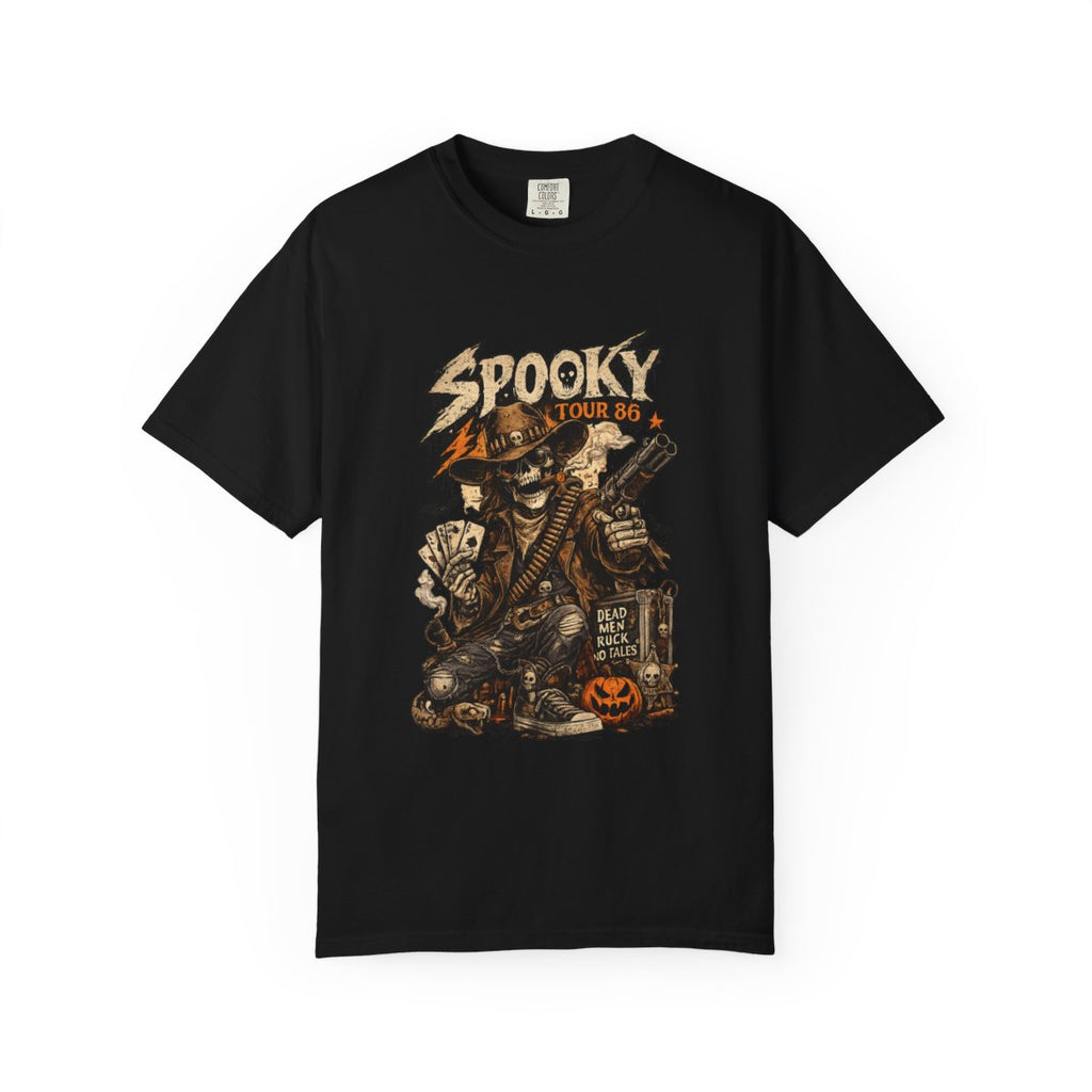 Spooky Tour Skull Cowboy T-shirt | Halloween Skeleton Guitar Graphic