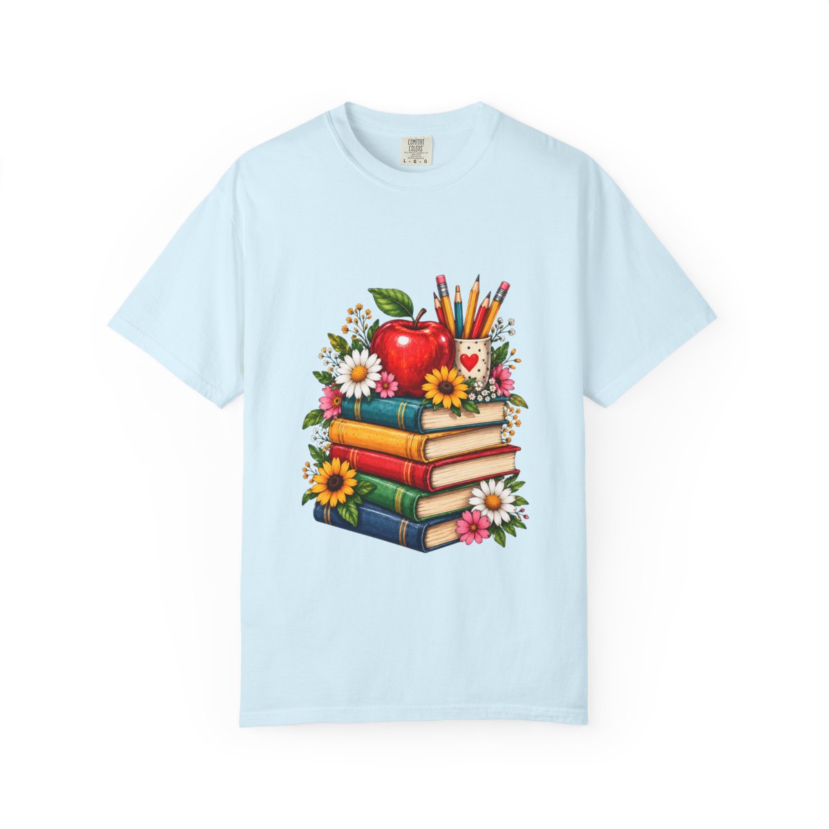 Stack of Books with Apple and Pencils T-shirt | Teacher School Reading Design