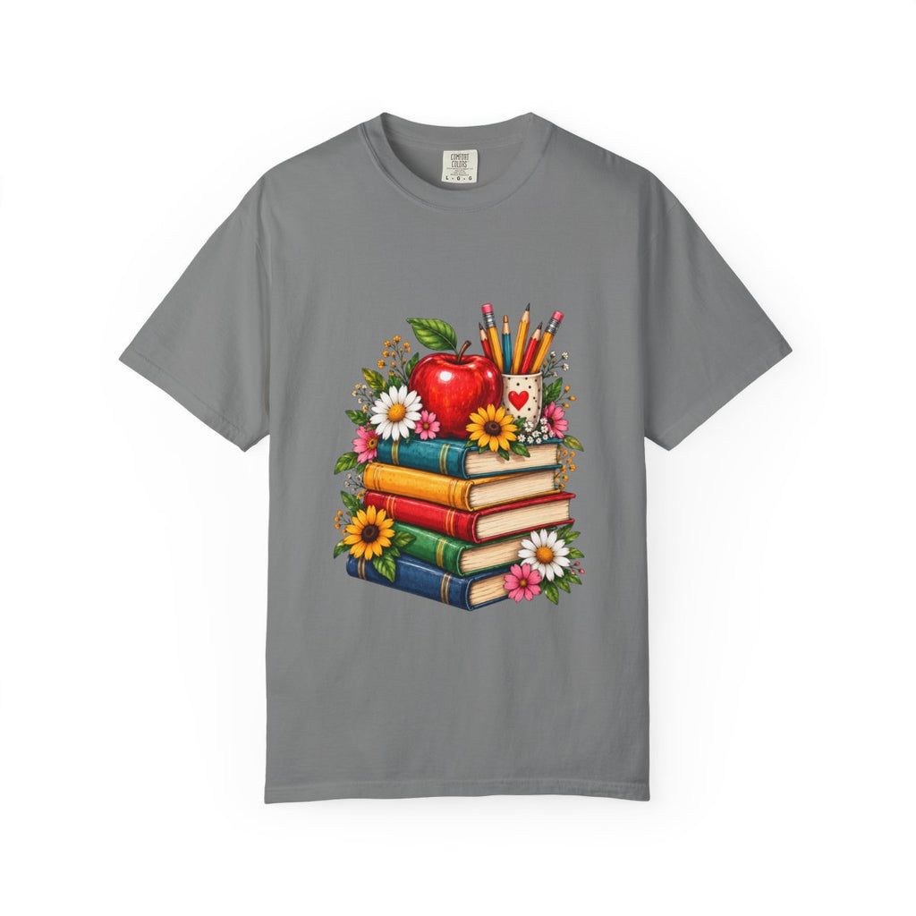 Stack of Books with Apple and Pencils T-shirt | Teacher School Reading Design