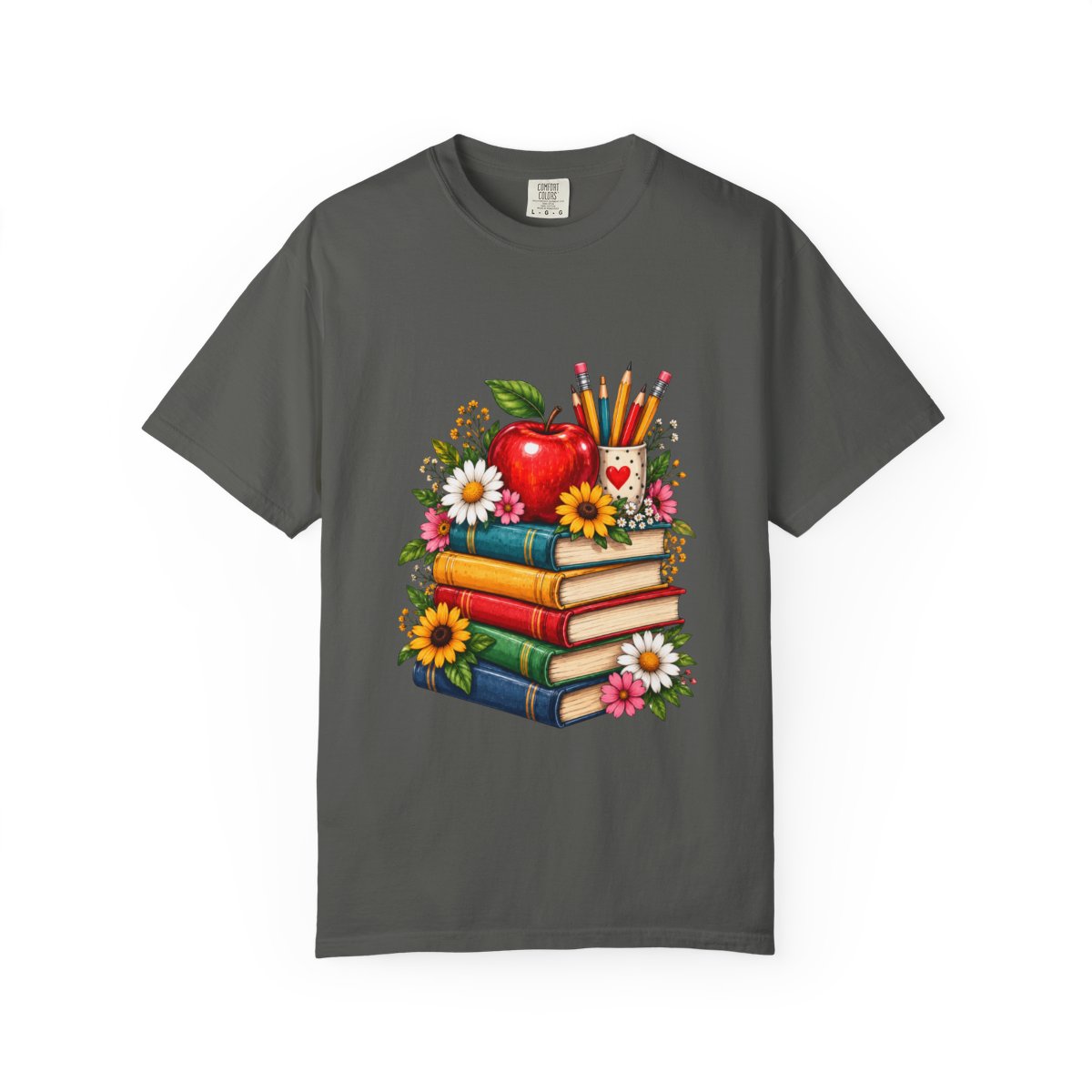 Stack of Books with Apple and Pencils T-shirt | Teacher School Reading Design