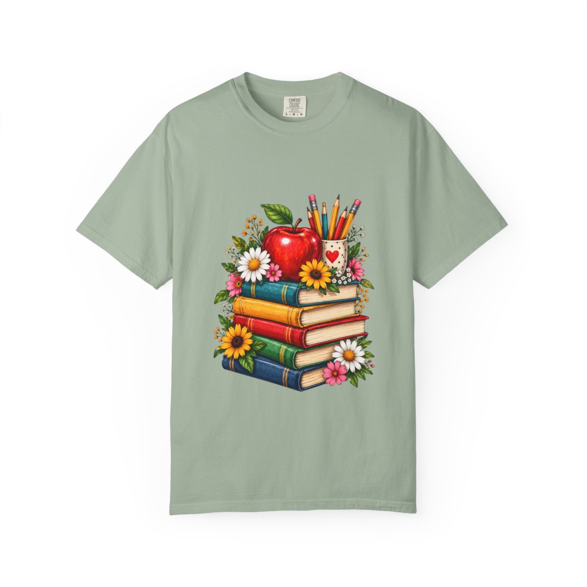 Stack of Books with Apple and Pencils T-shirt | Teacher School Reading Design