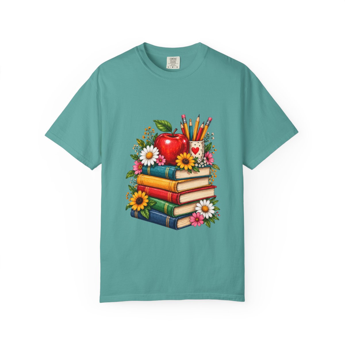 Stack of Books with Apple and Pencils T-shirt | Teacher School Reading Design
