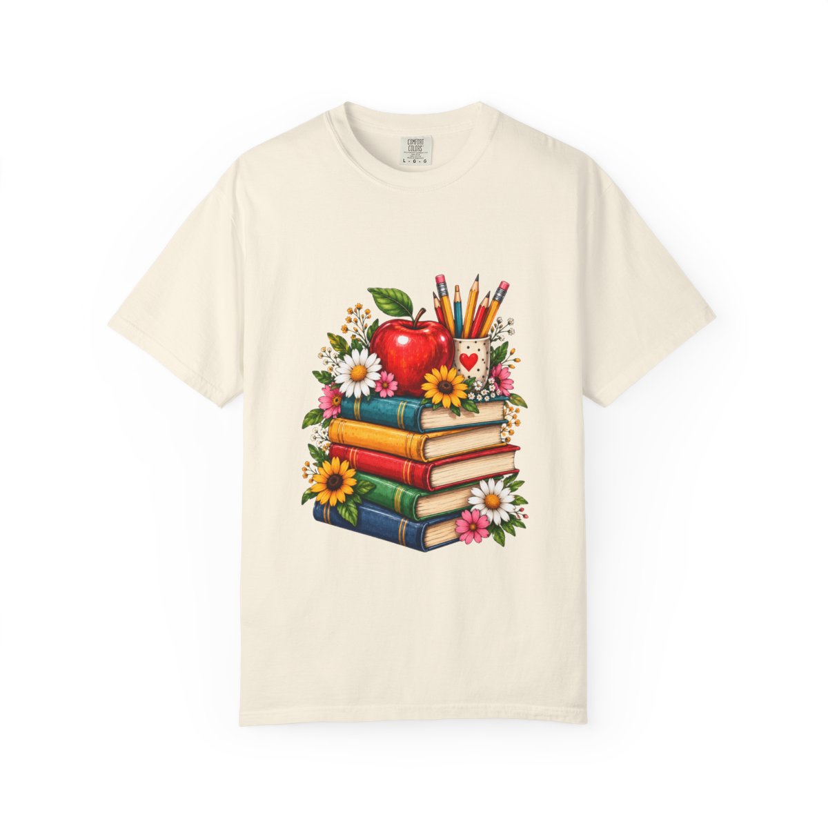 Stack of Books with Apple and Pencils T-shirt | Teacher School Reading Design