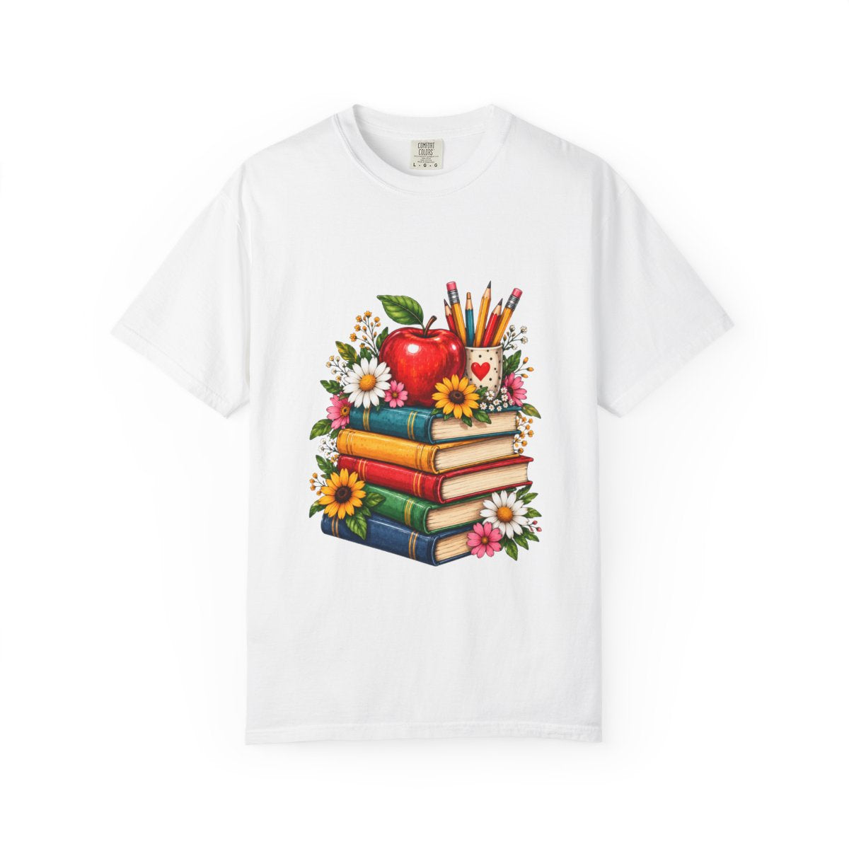 Stack of Books with Apple and Pencils T-shirt | Teacher School Reading Design