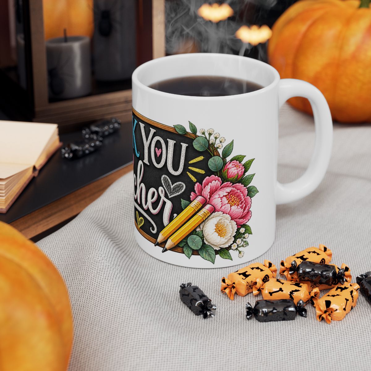 Thank You Teacher Chalkboard Floral Mug | Ceramic Coffee Cup