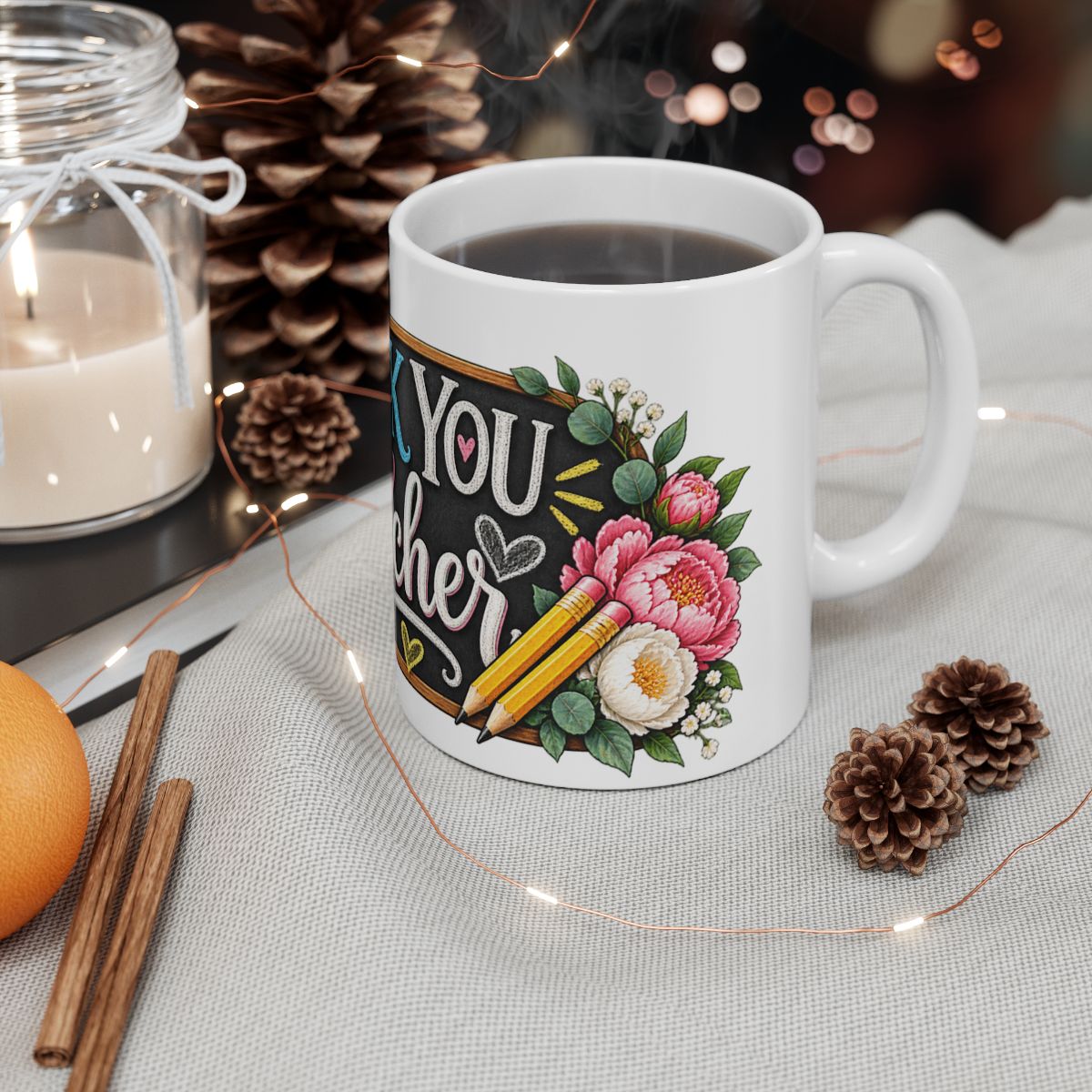 Thank You Teacher Chalkboard Floral Mug | Ceramic Coffee Cup