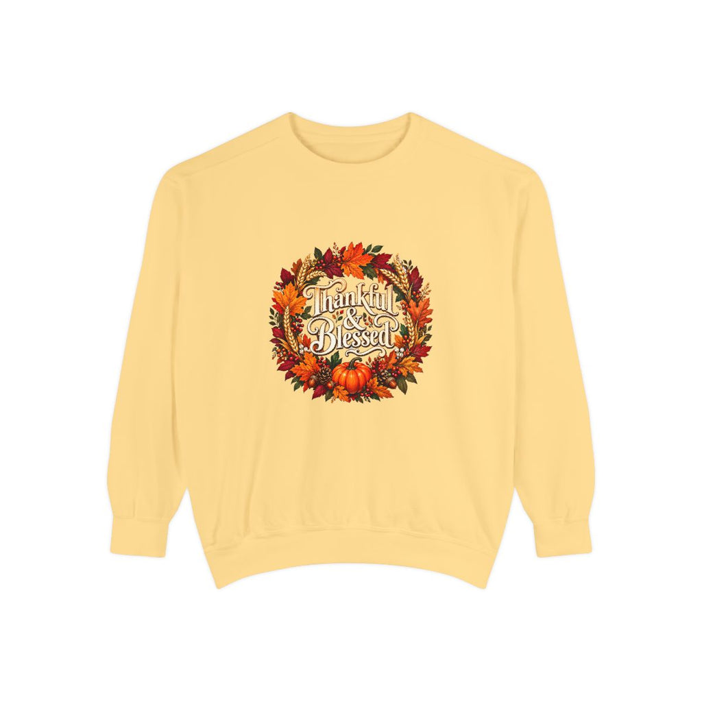 Thankful & Blessed wreath Sweatshirt | Autumn leaves pumpkin fall design