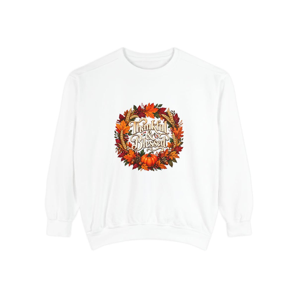 Thankful & Blessed wreath Sweatshirt | Autumn leaves pumpkin fall design