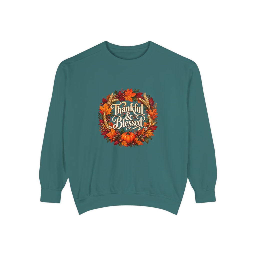 Thankful & Blessed wreath Sweatshirt | Autumn leaves pumpkin fall design