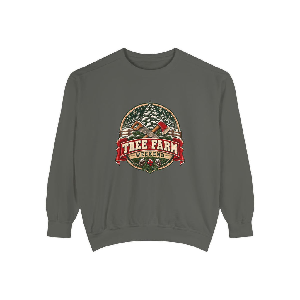 Tree Farm Weekend Sweatshirt | Vintage Christmas Pines, Axes, Snow
