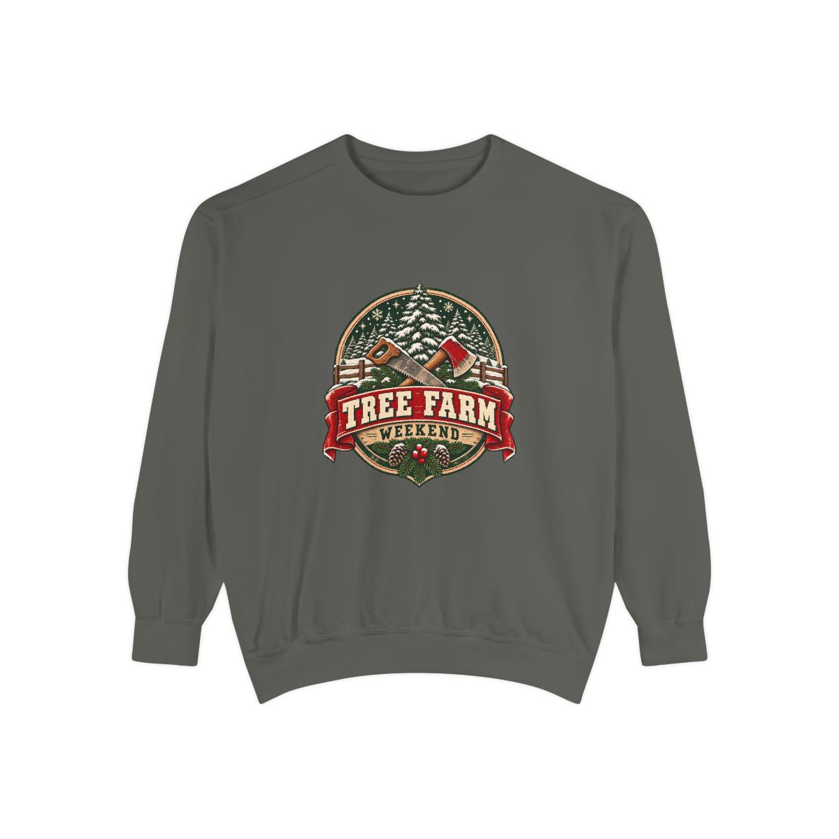 Tree Farm Weekend Sweatshirt | Vintage Christmas Pines, Axes, Snow