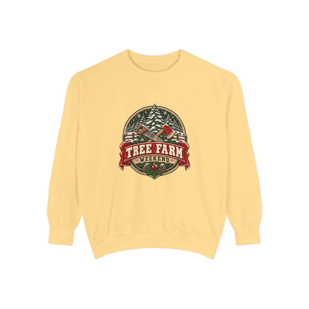 Tree Farm Weekend Sweatshirt | Vintage Christmas Pines, Axes, Snow