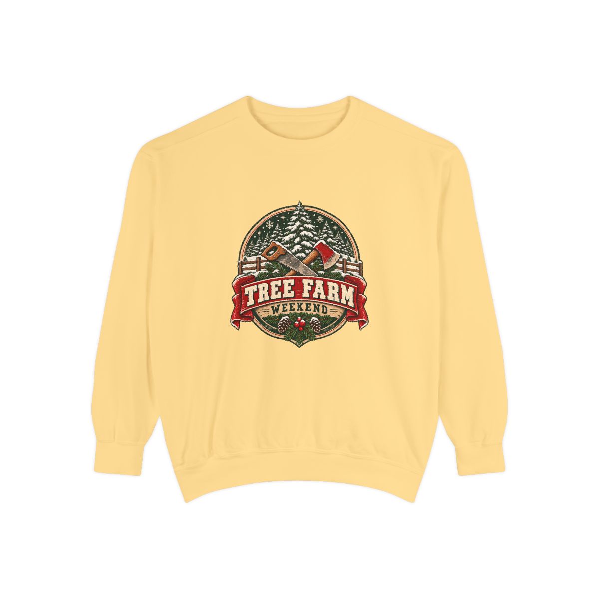 Tree Farm Weekend Sweatshirt | Vintage Christmas Pines, Axes, Snow
