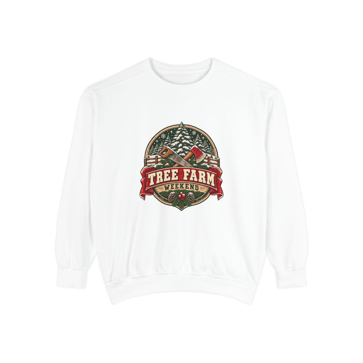 Tree Farm Weekend Sweatshirt | Vintage Christmas Pines, Axes, Snow