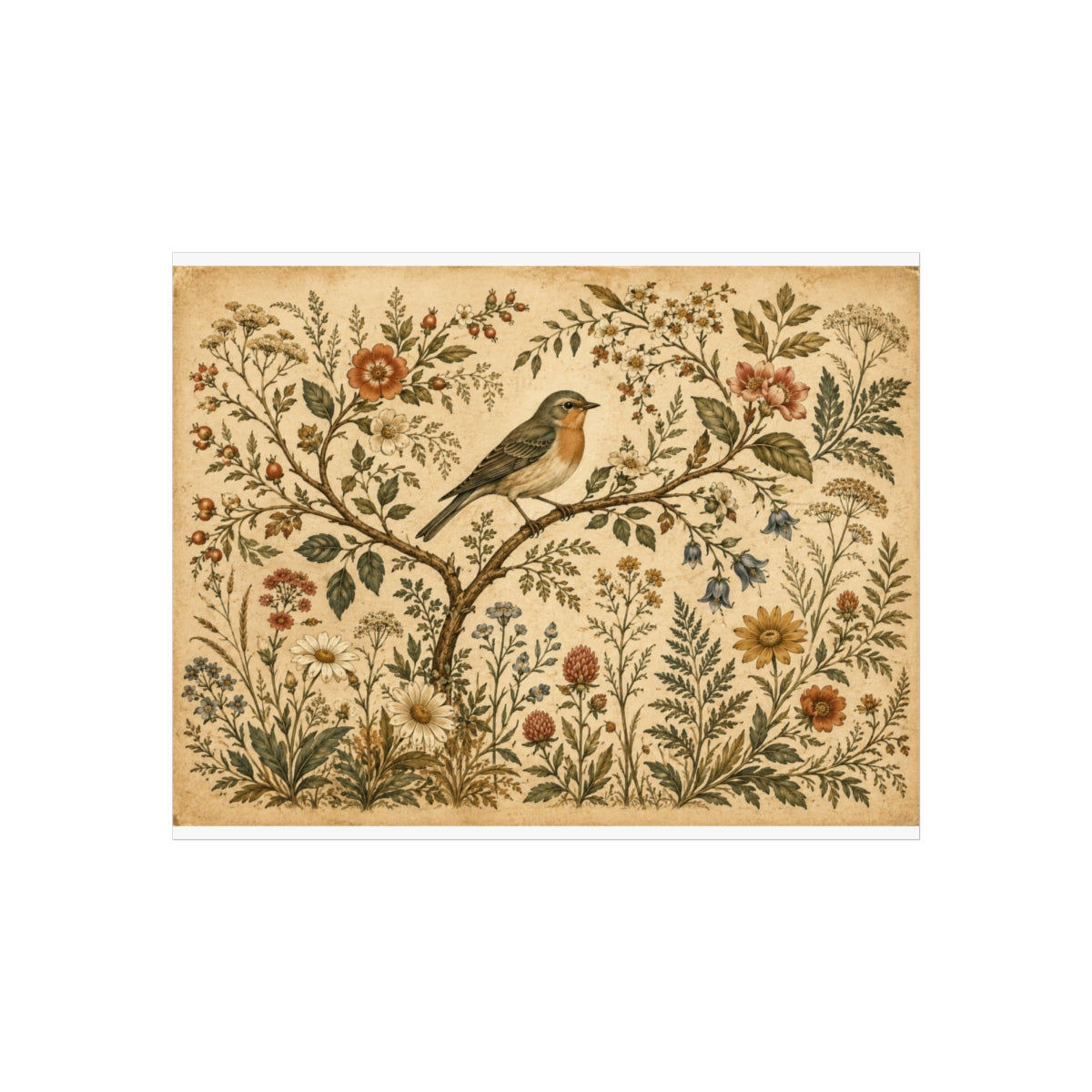 Vintage Bird and Floral Illustration Fine Art Poster | Botan - 14″ x 11″ (Horizontal)