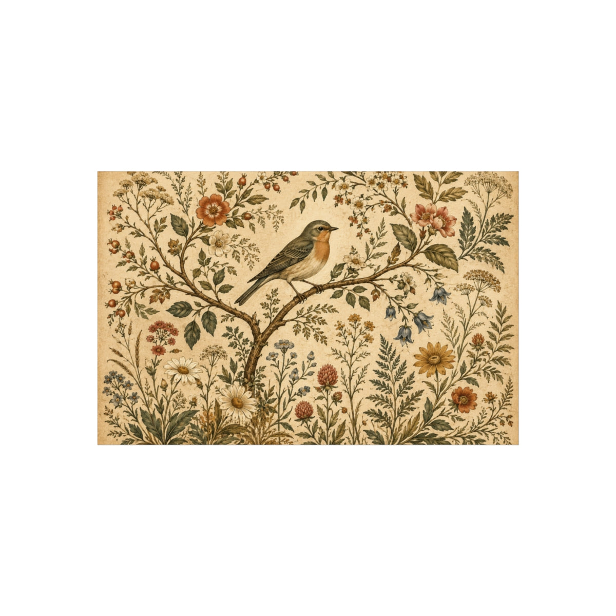 Vintage Bird and Floral Illustration Fine Art Poster | Botan - 40" x 26" (Horizontal)