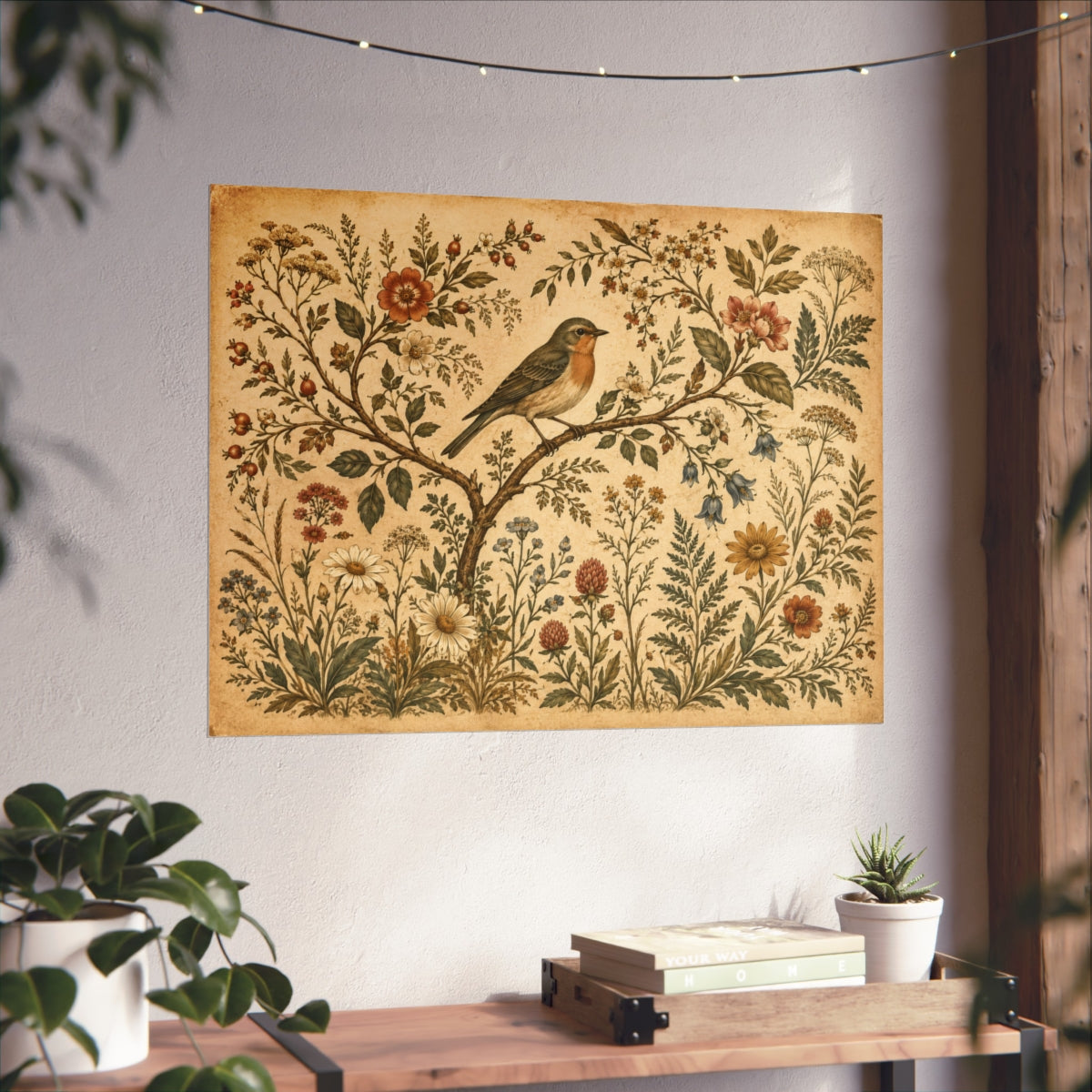 Vintage Bird and Floral Illustration Fine Art Poster | Botan - 32" x 24" (Horizontal)