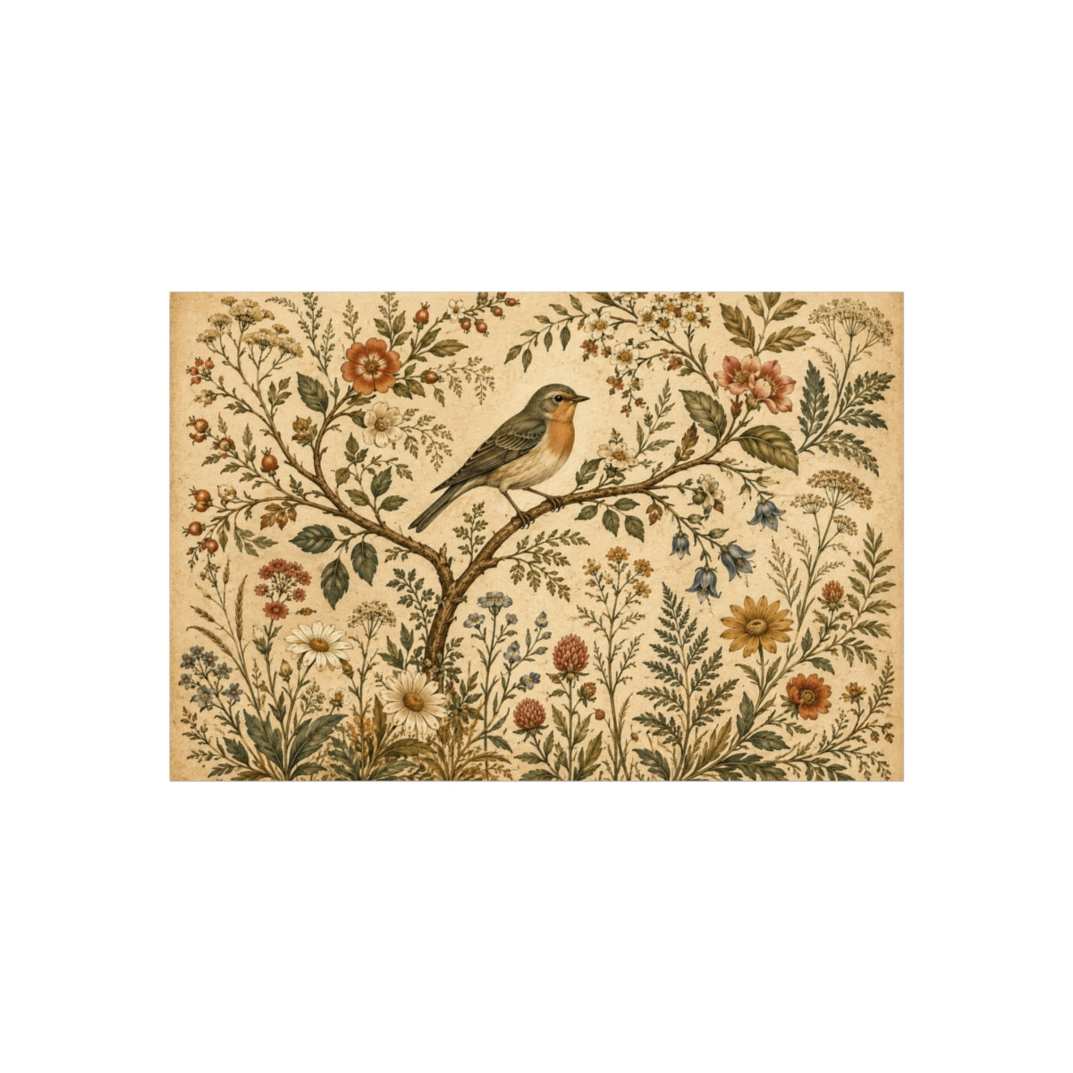 Vintage Bird and Floral Illustration Fine Art Poster | Botan - 30″ x 20″ (Horizontal)