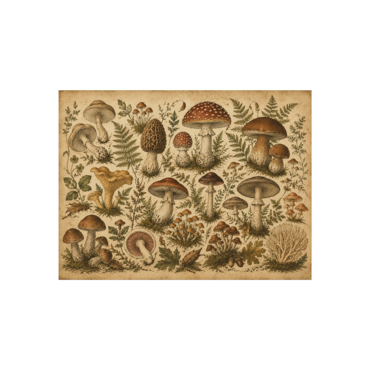 Vintage Botanical Mushroom Print Poster | Mycology Wall Art - 16″ x 12″ (Horizontal)