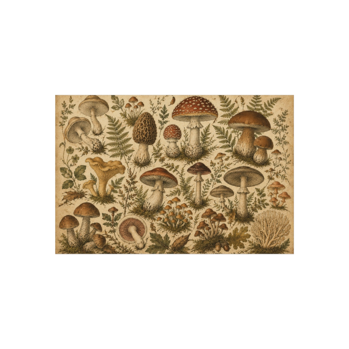 Vintage Botanical Mushroom Print Poster | Mycology Wall Art - 12" x 8" (Horizontal)