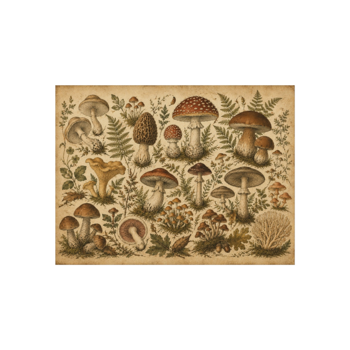 Vintage Botanical Mushroom Print Poster | Mycology Wall Art - 24″ x 18″ (Horizontal)