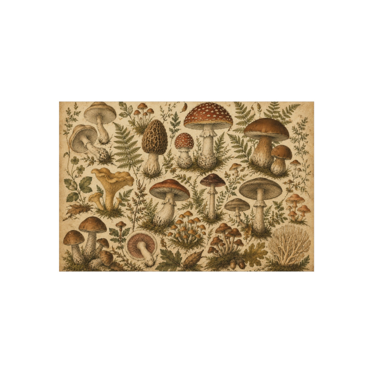 Vintage Botanical Mushroom Print Poster | Mycology Wall Art - 24″ x 16″ (Horizontal)
