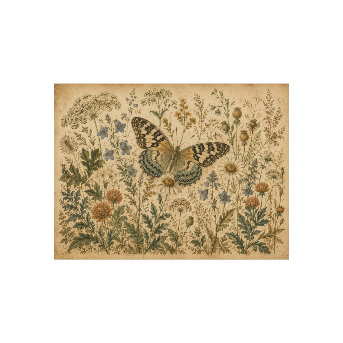Vintage Butterfly Botanical Print Poster | Floral Nature Wal - 16″ x 16″