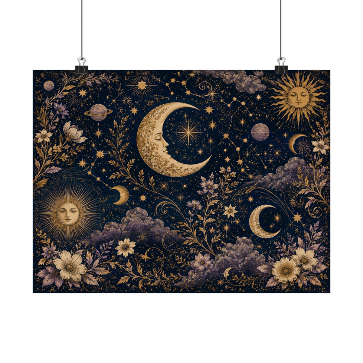Vintage Celestial Moon and Sun Poster | Matte Horizontal Poster