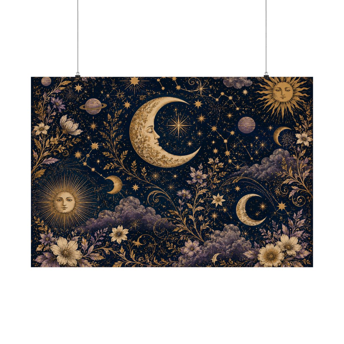 Vintage Celestial Moon and Sun Poster | Matte Horizontal Pos - 40" x 27"