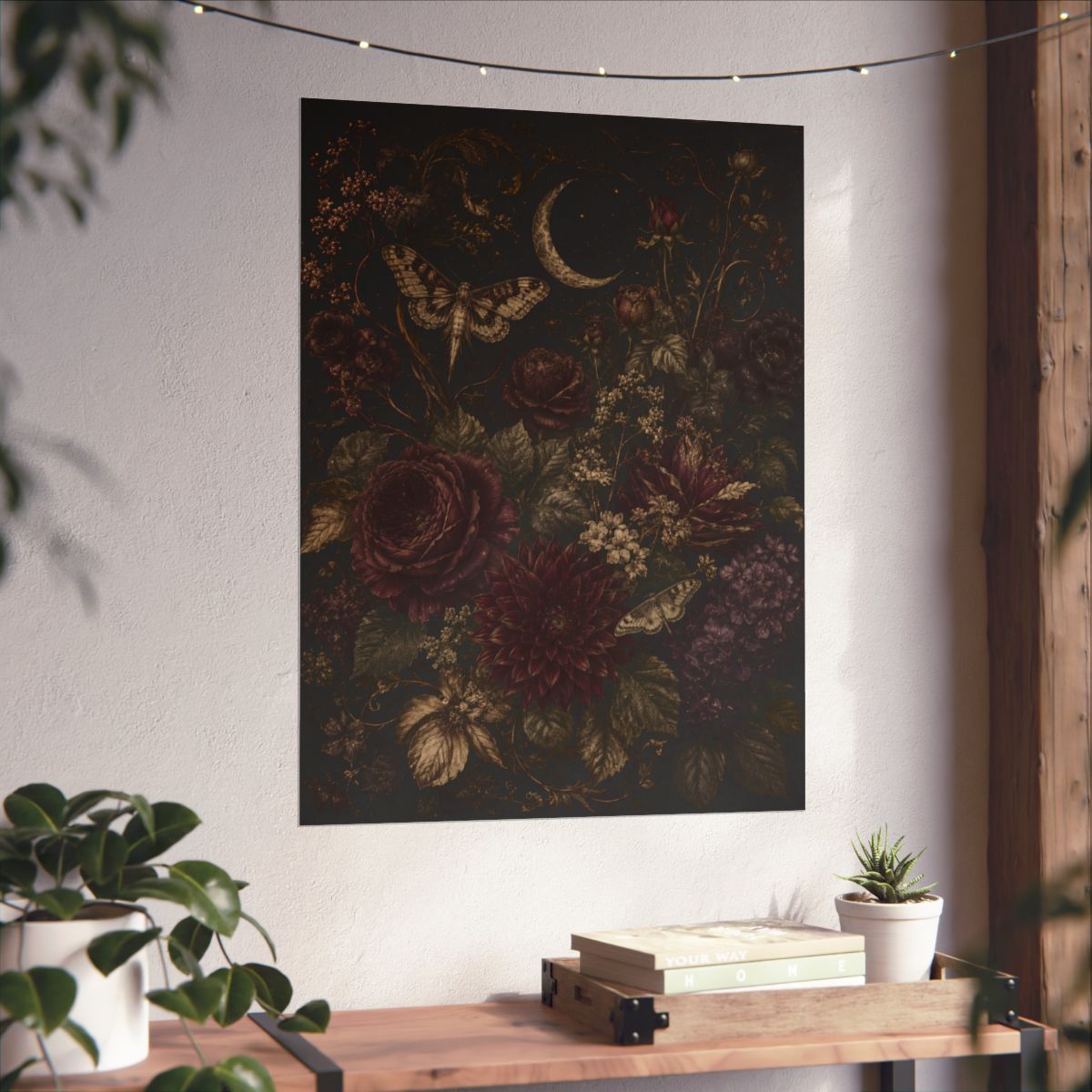 Vintage Dark Floral Moon Poster | Matte Vertical Wall Art