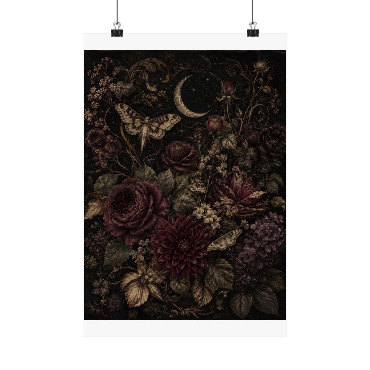 Vintage Dark Floral Moon Poster | Matte Vertical Wall Art - 12″ x 18″