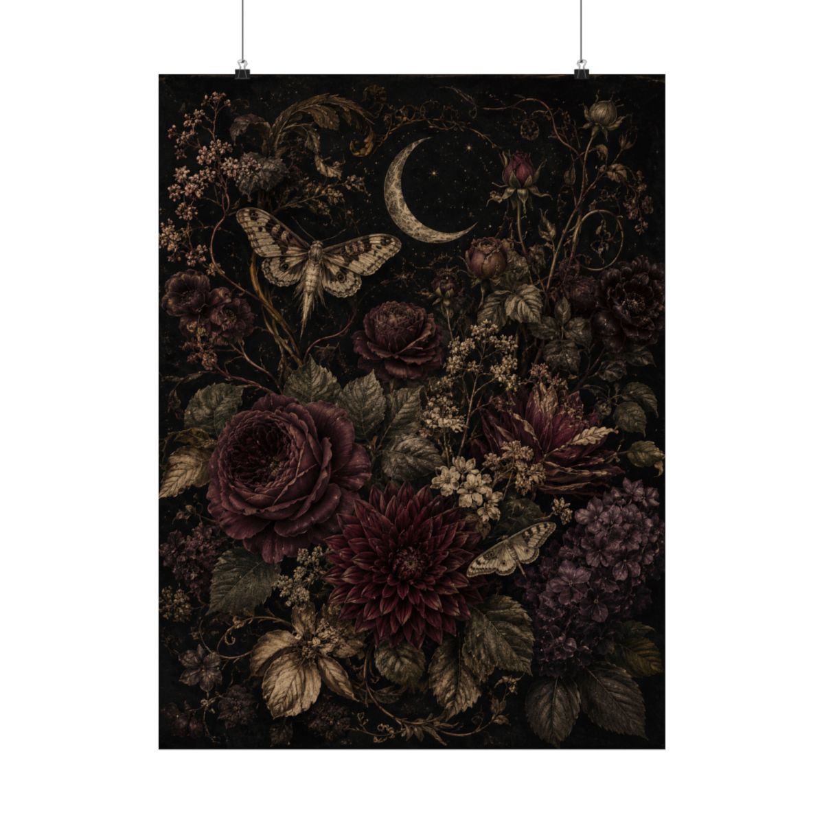 Vintage Dark Floral Moon Poster | Matte Vertical Wall Art - 24″ x 36″