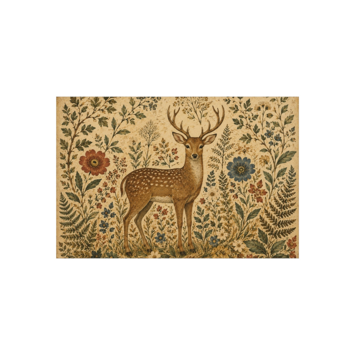 Vintage Deer Illustration Fine Art Poster | Woodland Floral  - 12" x 8" (Horizontal)