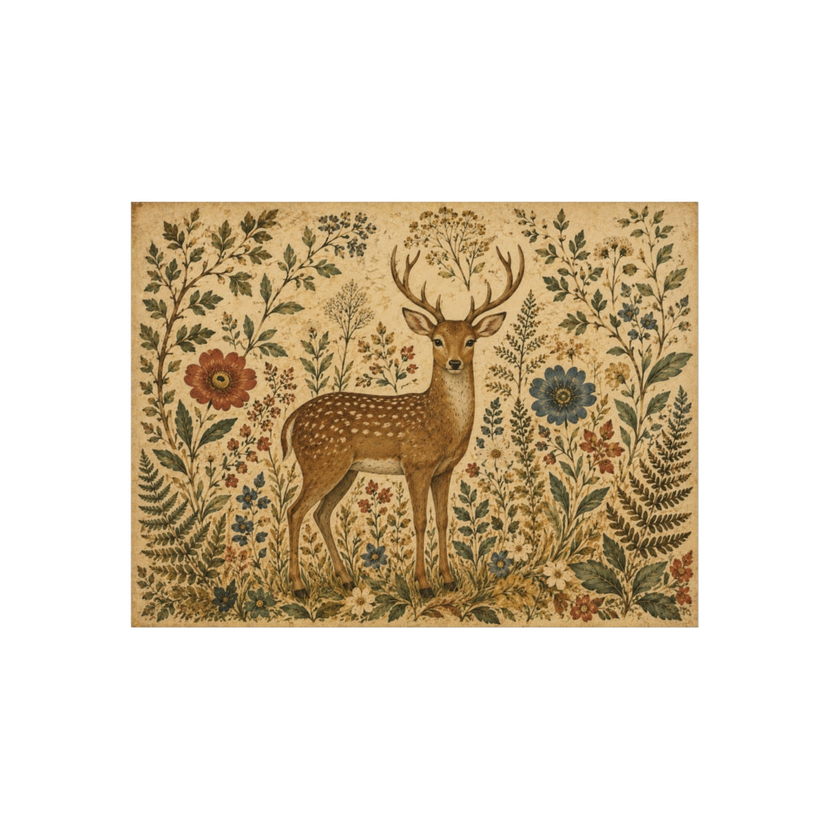 Vintage Deer Illustration Fine Art Poster | Woodland Floral  - 24″ x 18″ (Horizontal)