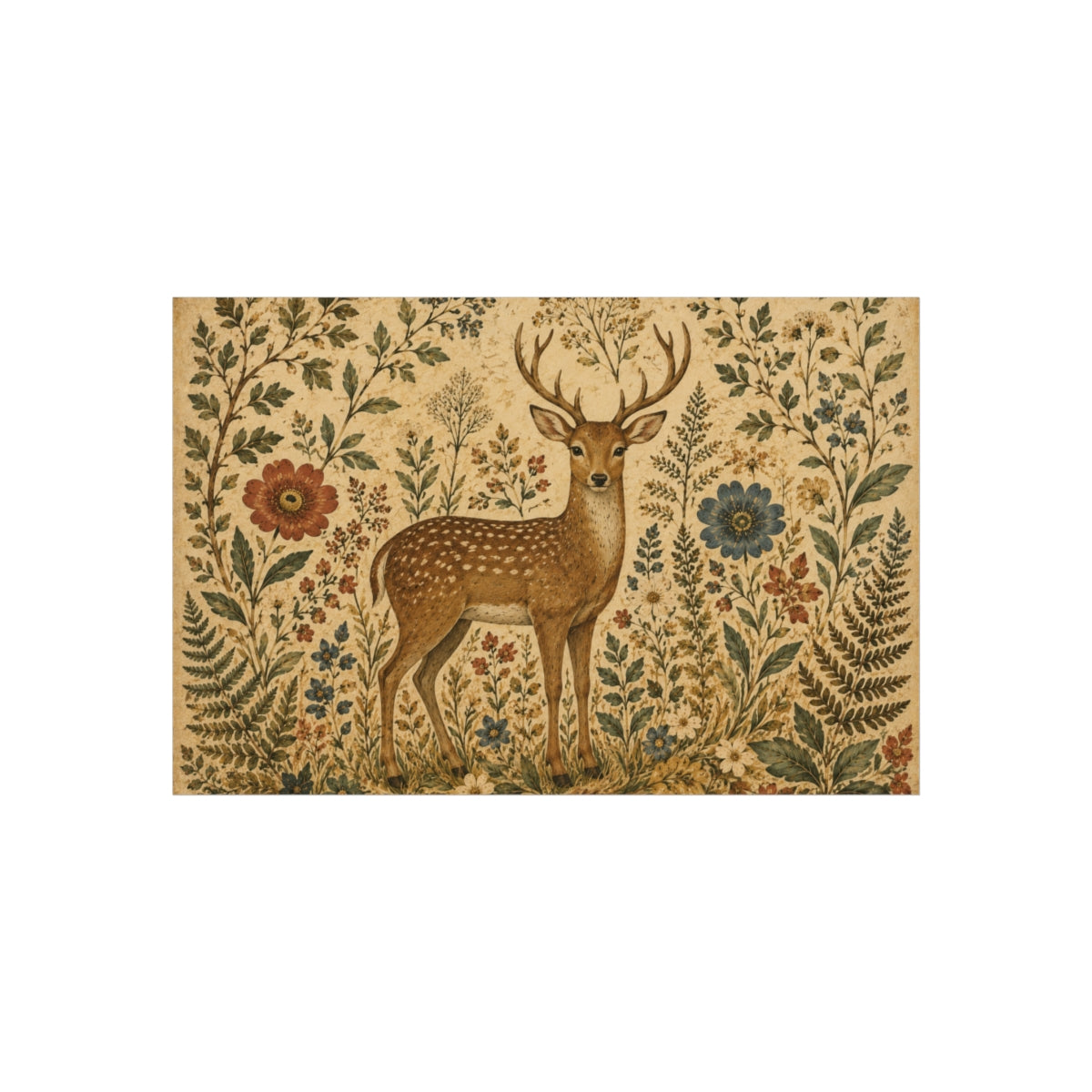Vintage Deer Illustration Fine Art Poster | Woodland Floral  - 18″ x 12″ (Horizontal)