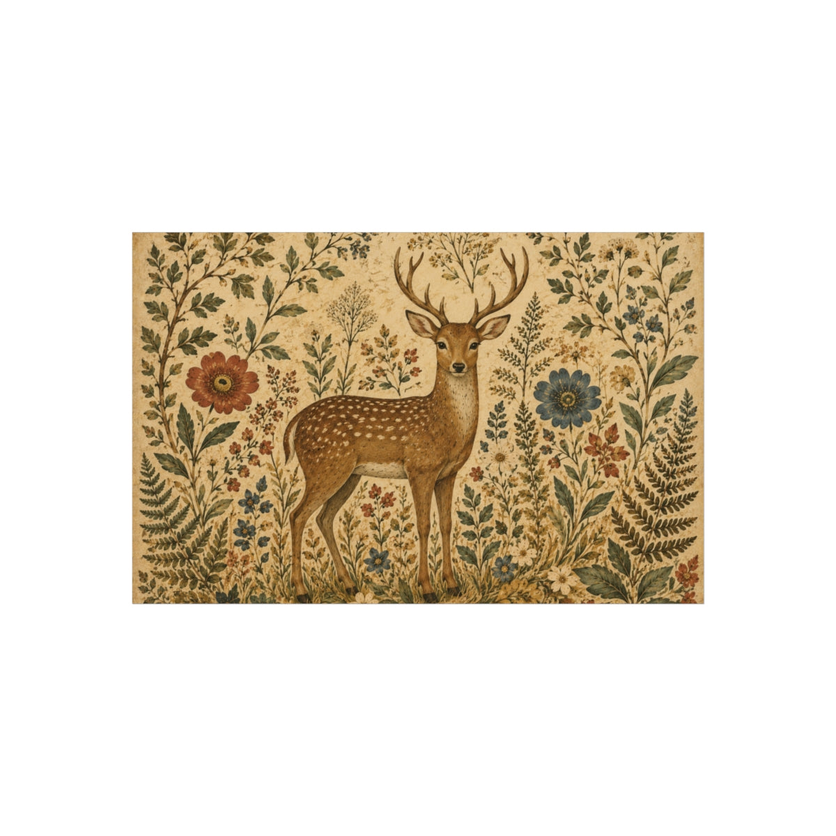Vintage Deer Illustration Fine Art Poster | Woodland Floral  - 40" x 26" (Horizontal)