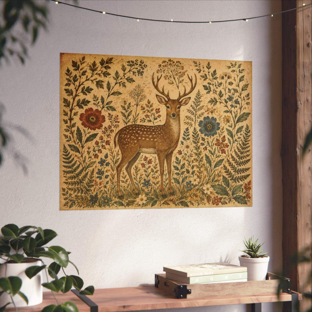 Vintage Deer Illustration Fine Art Poster | Woodland Floral  - 32" x 24" (Horizontal)