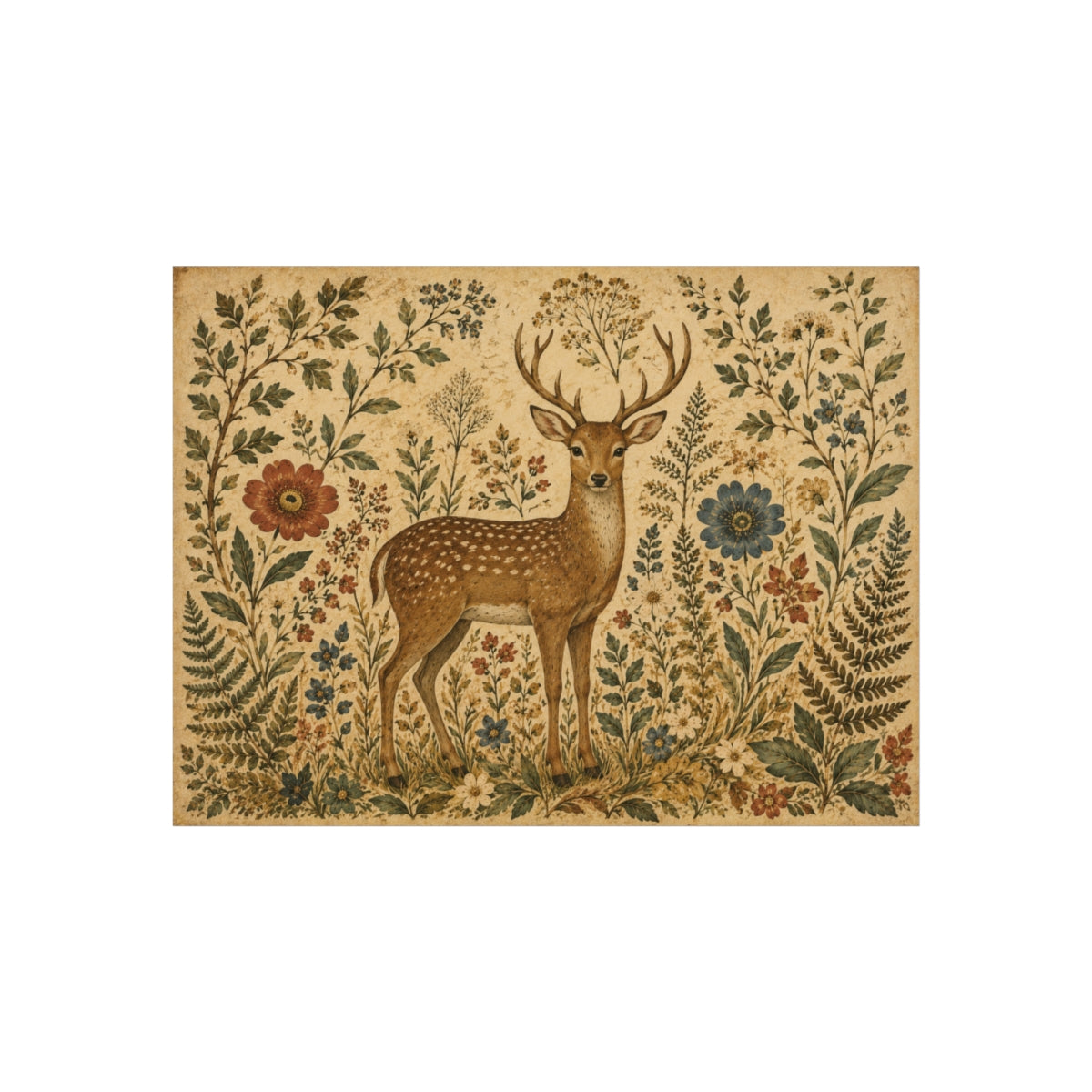 Vintage Deer Illustration Fine Art Poster | Woodland Floral  - 30″ x 30″